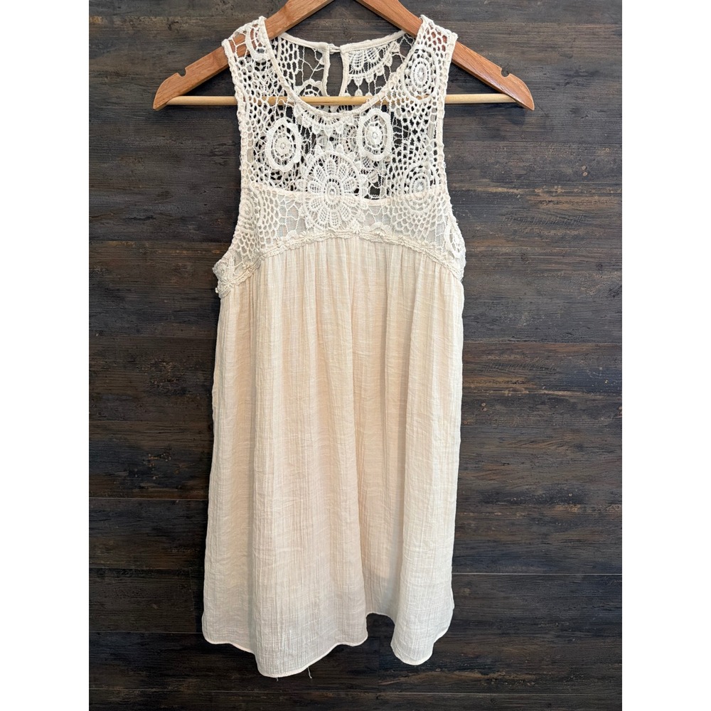 Poetry Crochet Lace Yoke Crinkle Gauze Tunic Top Peach Pink Small 7760B1